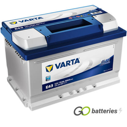 Varta E43 Blue Dynamic Battery 12V 72Ah 680 cold cranking amps, Silver case with a blue top and the positive terminal is on the right hand side with the terminals closest to you. Also has carrying handle. UK 100