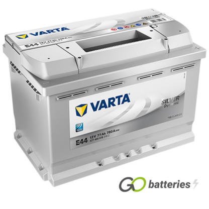 Varta E44 Silver Dynamic Battery 12V 77Ah 780 cold cranking amps, Silver case with the positive terminal on the right hand side with the terminals closest to you. Also has carrying handle. UK 096