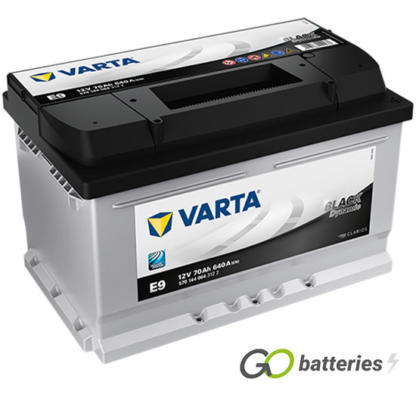 Varta E9 Black Dynamic Battery 12V 70Ah 640 cold cranking amps, Silver case with a black top and the positive terminal is on the right hand side with the terminals closest to you. Also has carrying handle. UK 100