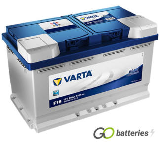 Varta F16 Blue Dynamic Battery 12V 80Ah 740 cold cranking amps, Silver case with a blue top and the positive terminal is on the right hand side with the terminals closest to you. Also has carrying handle. UK 115
