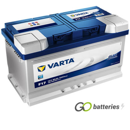 Varta F17 Black Dynamic Battery 12V 80Ah 740 cold cranking amps, Silver case with a blue top and the positive terminal is on the right hand side with the terminals closest to you. Also has carrying handle. UK 110