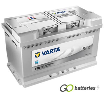 Varta F18 Silver Dynamic Battery 12V 85Ah 800 cold cranking amps, Silver case with the positive terminal on the right hand side with the terminals closest to you. Also has carrying handle. UK 110