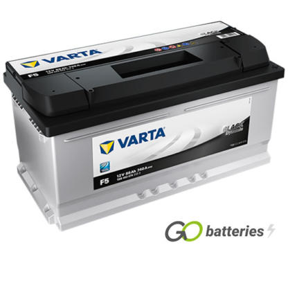 Varta F5 Black Dynamic Battery 12V 88Ah 740 cold cranking amps, Silver case with a black top and the positive terminal is on the right hand side with the terminals closest to you. Also has carrying handle. UK 017 Low Box