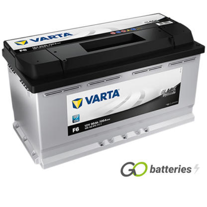Varta F6 Black Dynamic Battery 12V 90Ah 720 cold cranking amps, Silver case with a black top and the positive terminal is on the right hand side with the terminals closest to you. Also has carrying handle. UK 017