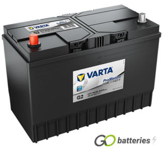 Varta G2 Promotive Heavy Duty Battery 12V 90Ah 540 cold cranking amps, Black case with the positive terminal on the left hand side with the terminals closest to you. Also has carrying handles. 644