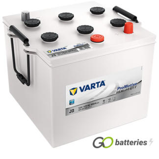 Varta J3 Promotive Heavy Duty Battery 12V 125Ah 950 cold cranking amps, White case with terminals diagonally situated and carrying handles at each end. 6TN