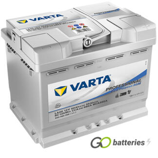 Varta LA60 Professional Dual Purpose AGM Leisure Battery 12V 60Ah 680 cold cranking amps, Silver case with the positive terminal on the right hand side with the terminals closest to you. Also has carrying handles.