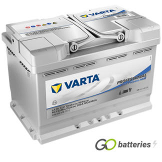 Varta LA70 Professional Dual Purpose AGM Leisure Battery 12V 70Ah 760 cold cranking amps, Silver case with the positive terminal on the right hand side with the terminals closest to you. Also has carrying handles.