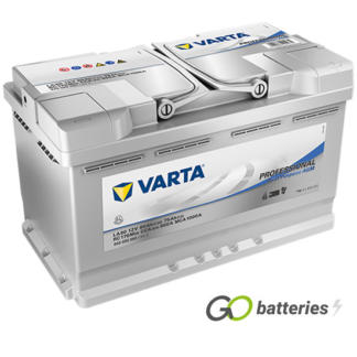 Varta LA80 Professional Dual Purpose AGM Leisure Battery 12V 80Ah 800 cold cranking amps, Silver case with the positive terminal on the right hand side with the terminals closest to you. Also has carrying handles.