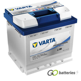 Varta LFS52 Professional Marine Starter Battery 12V 52Ah 470 cold cranking amps, Silver case with a blue top and the positive terminal is on the right hand side with the terminals closest to you. Also has carrying handle.