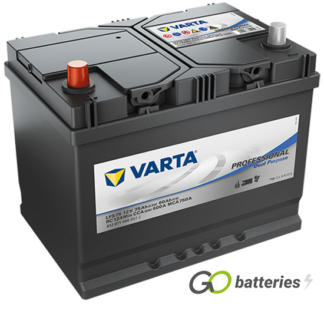 Varta LFS75 Professional Starter Battery 12V 75Ah 600 cold cranking amps, Black case with the positive terminal on the left hand side with the terminals closest to you. Also has carrying handles.