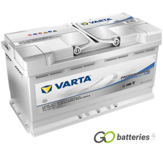 Varta LA95 Professional Dual Purpose AGM Leisure Battery 12V 95Ah 850 cold cranking amps, Silver case with the positive terminal on the right hand side with the terminals closest to you. Also has carrying handles.