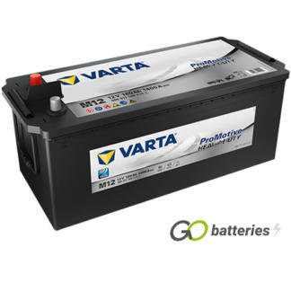 Varta M12 Promotive Heavy Duty Battery 12V 180Ah 1400 cold cranking amps, Black case with terminals at one end and carrying handles at each end. UK 629