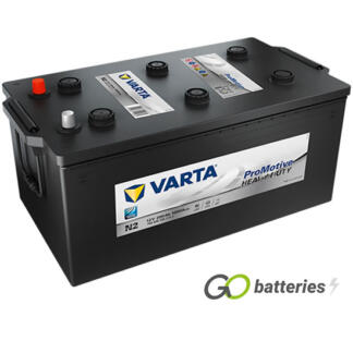 Varta N2 Promotive Heavy Duty Battery 12V 200Ah 1050 cold cranking amps, Black case with terminals at one end and carrying handles at each end. 625