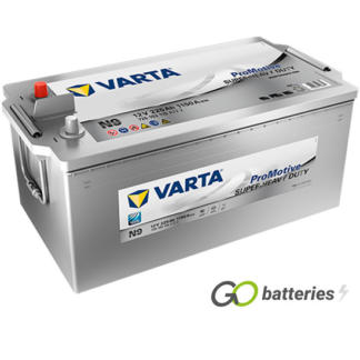 Varta N9 Promotive AGM Battery 12V 225Ah 1150 cold cranking amps Silver case with terminals at one end and carrying handles at each end. 625SHD