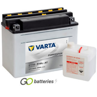 Varta SY50-N18L-AT Freshpack Motorcycle Battery (520016020). 12 volt 20 amps, 260 cold cranking amps, opaque case with black top, the block terminals have a nut and bolt and the positive terminal on the right hand side with the terminals closest to you. The breather is on the left hand side.