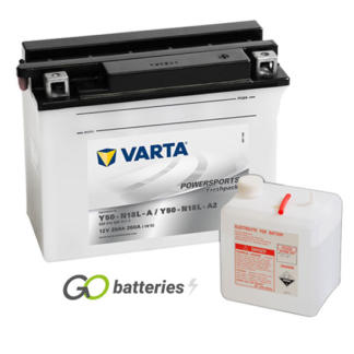 Varta Y50-N18L-A2 Freshpack Motorcycle Battery (520012026). 12 volt 20 amps, 260 cold cranking amps, opaque case with black top, the block terminals have a nut and bolt and the positive terminal on the right hand side with the terminals closest to you. The breather is on the left hand side.