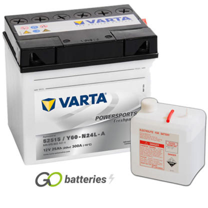 Varta Y60-N24L-A Freshpack Motorcycle Battery (525015022). 12 volt 25 amps, 300 cold cranking amps, opaque case with black top, the terminals are bolt through and the positive terminal on the right hand side with the terminals closest to you.