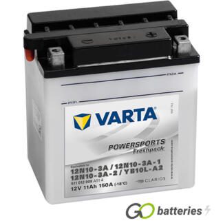 Varta YB10L-A2 Freshpack Motorcycle Battery (511012009). 12 volt 11 amps, 150 cold cranking amps, opaque case with black top, the block terminals have a nut and bolt and the positive terminal on the right hand side with the terminals closest to you. The breather is on the left hand side.