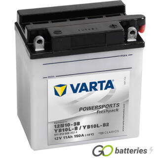 Varta YB10L-B2 Freshpack Motorcycle Battery (511013009). 12 volt 1 amps, 150 cold cranking amps, opaque case with black top, the terminals are bolt through and have a nut and bolt and the positive terminal on the right hand side with the terminals closest to you. The breather is also on the right hand side.