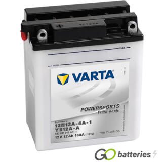 Varta YB30L-B Freshpack Motorcycle Battery (530400030). 12 volt 30 amps, 300 cold cranking amps, opaque case with black top, the terminals are bolt through and have a nut and bolt, the positive terminal is on the left hand side with the terminals closest to you. The breather is also on the left hand side.