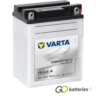 Varta YB12A-B Freshpack Motorcycle Battery (512015012). 12 volt 12 amps, 160 cold cranking amps, opaque case with black top, the terminals are bolt through and have a nut and bolt, the positive terminal on the left hand side with the terminals closest to you. The breather is on the right hand side.
