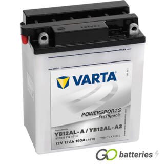 Varta YB12AL-A2 Freshpack Motorcycle Battery (512013012). 12 volt 12 amps, 160 cold cranking amps, opaque case with black top, the terminals are bolt through and have a nut and bolt, the positive terminal on the right hand side with the terminals closest to you. The breather is on the left hand side.