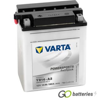 Varta YB14-A2 Freshpack Motorcycle Battery (514012014). 12 volt 14 amps, 190 cold cranking amps, opaque case with black top, the block terminals have a nut and bolt and the positive terminal on the left hand side with the terminals closest to you. The breather is also on the left hand side.