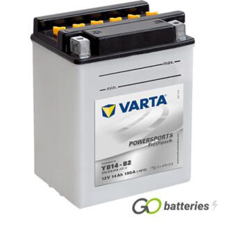 Varta YB14-B2 Freshpack Motorcycle Battery (514014014). 12 volt 14 amps, 190 cold cranking amps, opaque case with black top, the block terminals have a nut and bolt and the positive terminal on the left hand side with the terminals closest to you. The breather is on the right hand side.