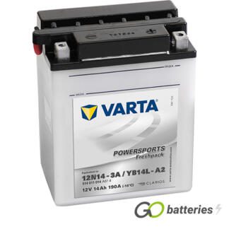 Varta YB14L-A2 Freshpack Motorcycle Battery (514011014). 12 volt 14 amps, 190 cold cranking amps, opaque case with black top, the block terminals have a nut and bolt and the positive terminal on the right hand side with the terminals closest to you. The breather is on the left hand side.