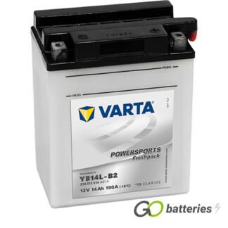 Varta YB14L-B2 Freshpack Motorcycle Battery (514013014). 12 volt 14 amps, 190 cold cranking amps, opaque case with black top, the block terminals have a nut and bolt and the positive terminal on the right hand side with the terminals closest to you. The breather is also on the right hand side.