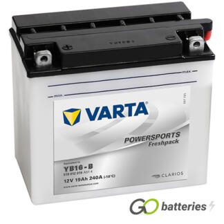 Varta YB16-B Freshpack Motorcycle Battery (519012019). 12 volt 19 amps, 240 cold cranking amps, opaque case with black top, the terminals are bolt through and have a nut and bolt, the positive terminal is on the left hand side with the terminals closest to you. The breather is on the right hand side.