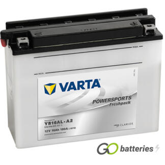 Varta YB16AL-A2 Freshpack Motorcycle Battery (516016012). 12 volt 16 amps, 180 cold cranking amps, opaque case with black top, the block terminals have a nut and bolt and the positive terminal on the right hand side with the terminals closest to you. The breather is on the left hand side.