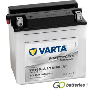 Varta YB16B-A Freshpack Motorcycle Battery (516015016). 12 volt 16 amps, 200 cold cranking amps, opaque case with black top, the block terminals have a nut and bolt and the positive terminal is on the left hand side with the terminals closest to you. The breather is also on the left hand side.