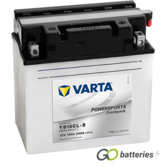 Varta YB16CL-B Freshpack Motorcycle Battery (519014018). 12 volt 19 amps, 240 cold cranking amps, opaque case with black top, the block terminals have a nut and bolt and the positive terminal on the right hand side with the terminals closest to you. The breather is also on the right hand side.