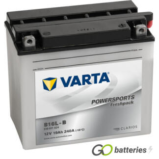 Varta YB16L-B Freshpack Motorcycle Battery (519011019). 12 volt 19 amps, 240 cold cranking amps, opaque case with black top, the terminals are bolt through and have a nut and bolt, the positive terminal is on the right hand side with the terminals closest to you. The breather is also on the right hand side.