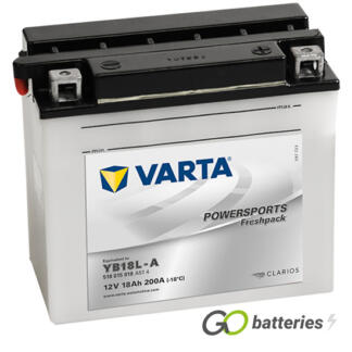 Varta YB18L-A Freshpack Motorcycle Battery (518015018). 12 volt 18 amps, 200 cold cranking amps, opaque case with black top, the block terminals have a nut and bolt and the positive terminal on the right hand side with the terminals closest to you. The breather is on the left hand side.