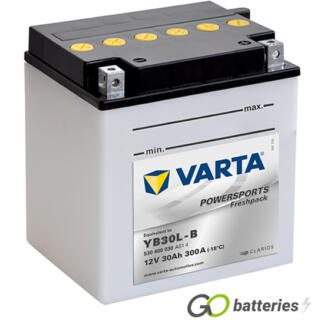 Varta YB30L-B Freshpack Motorcycle Battery (530400030). 12 volt 30 amps, 300 cold cranking amps, opaque case with black top, the block terminals have a nut and bolt and the positive terminal on the right hand side with the terminals closest to you. The breather is also on the right hand side.