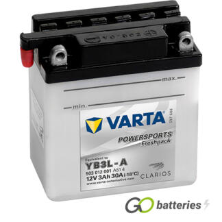 Varta YB3L-A Freshpack Motorcycle Battery (503012001). 12 volt 3 amps, 30 cold cranking amps, opaque case with black top, the terminals are bolt through and have a nut and bolt, the positive terminal is on the right hand side with the terminals closest to you. The breather is on the left hand side.