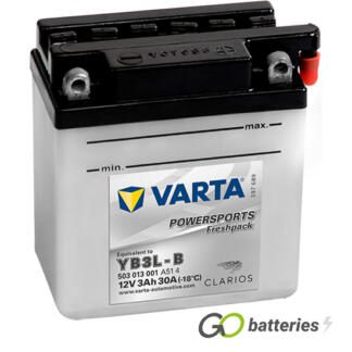 Varta YB3L-B Freshpack Motorcycle Battery (503013001). 12 volt 3 amps, 30 cold cranking amps, opaque case with black top, the terminals are bolt through and have a nut and bolt, the positive terminal is on the right hand side with the terminals closest to you. The breather is also on the right hand side.