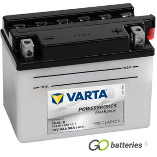 Varta YB4L-B Freshpack Motorcycle Battery (504011002). 12 volt 4 amps, 50 cold cranking amps, opaque case with black top, the block terminals have a nut and bolt and the positive terminal on the right hand side with the terminals closest to you. The breather is also on the right hand side.