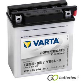 Varta YB5L-B Freshpack Motorcycle Battery (505012003). 12 volt 5 amps, 60 cold cranking amps, opaque case with black top, the terminals are bolt through and have a nut and bolt, the positive terminal is on the right hand side with the terminals closest to you. The breather is also on the right hand side.