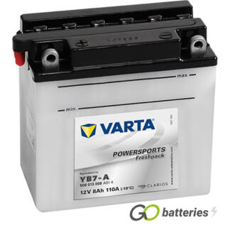 Varta YB7-A Freshpack Motorcycle Battery (508013008). 12 volt 8 amps, 110 cold cranking amps, opaque case with black top, the terminals are bolt through and have a nut and bolt, the positive terminal is on the left hand side with the terminals closest to you. The breather is also on the left hand side.