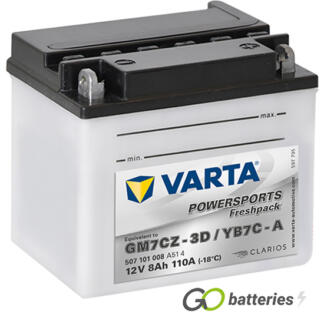 Varta YB7C-A Freshpack Motorcycle Battery (507101008). 12 volt 8 amps, 100 cold cranking amps, opaque case with black top, the terminals are bolt through and have a nut and bolt, the positive terminal is on the right hand side with the terminals closest to you.
