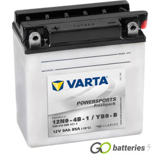 Varta YB9-B Freshpack Motorcycle Battery (509014008). 12 volt 9 amps, 85 cold cranking amps, opaque case with black top, the terminals are bolt through and have a nut and bolt, the positive terminal is on the left hand side with the terminals closest to you. The breather is on the right hand side.