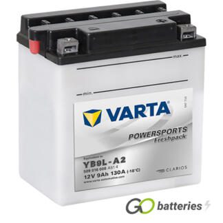 Varta YB9L-A2 Freshpack Motorcycle Battery (509016008). 12 volt 9 amps, 130 cold cranking amps, opaque case with black top, the block terminals have a nut and bolt and the positive terminal on the right hand side with the terminals closest to you. The breather is on the left hand side.