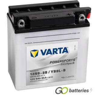 Varta YB30L-B Freshpack Motorcycle Battery (530400030). 12 volt 30 amps, 300 cold cranking amps, opaque case with black top, the terminals are bolt through and have a nut and bolt, the positive terminal on the right hand side with the terminals closest to you. The breather is also on the right hand side.