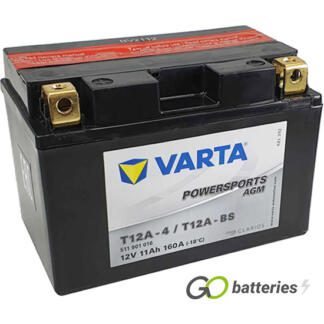 Varta YT12A-BS Powersport AGM Motorcycle Battery (511901014). 12 volt 11 amps, 160 cold cranking amps, black case, and the block terminals have a nut and bolt, the positive terminal on the left hand side with the terminals closest to you.