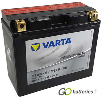 Varta YT12B-4 Powersport AGM Motorcycle Battery (512901019). 12 volt 12 amps, 215 cold cranking amps, black case, and the block terminals have a nut and bolt, the positive terminal on the left hand side with the terminals closest to you.