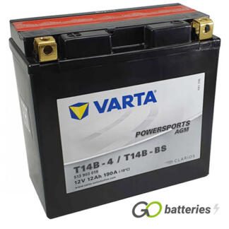 Varta YT14B-4 Powersport AGM Motorcycle Battery (512903013). 12 volt 13 amps, 190 cold cranking amps, black case, and the block terminals have a nut and bolt, the positive terminal on the left hand side with the terminals closest to you.